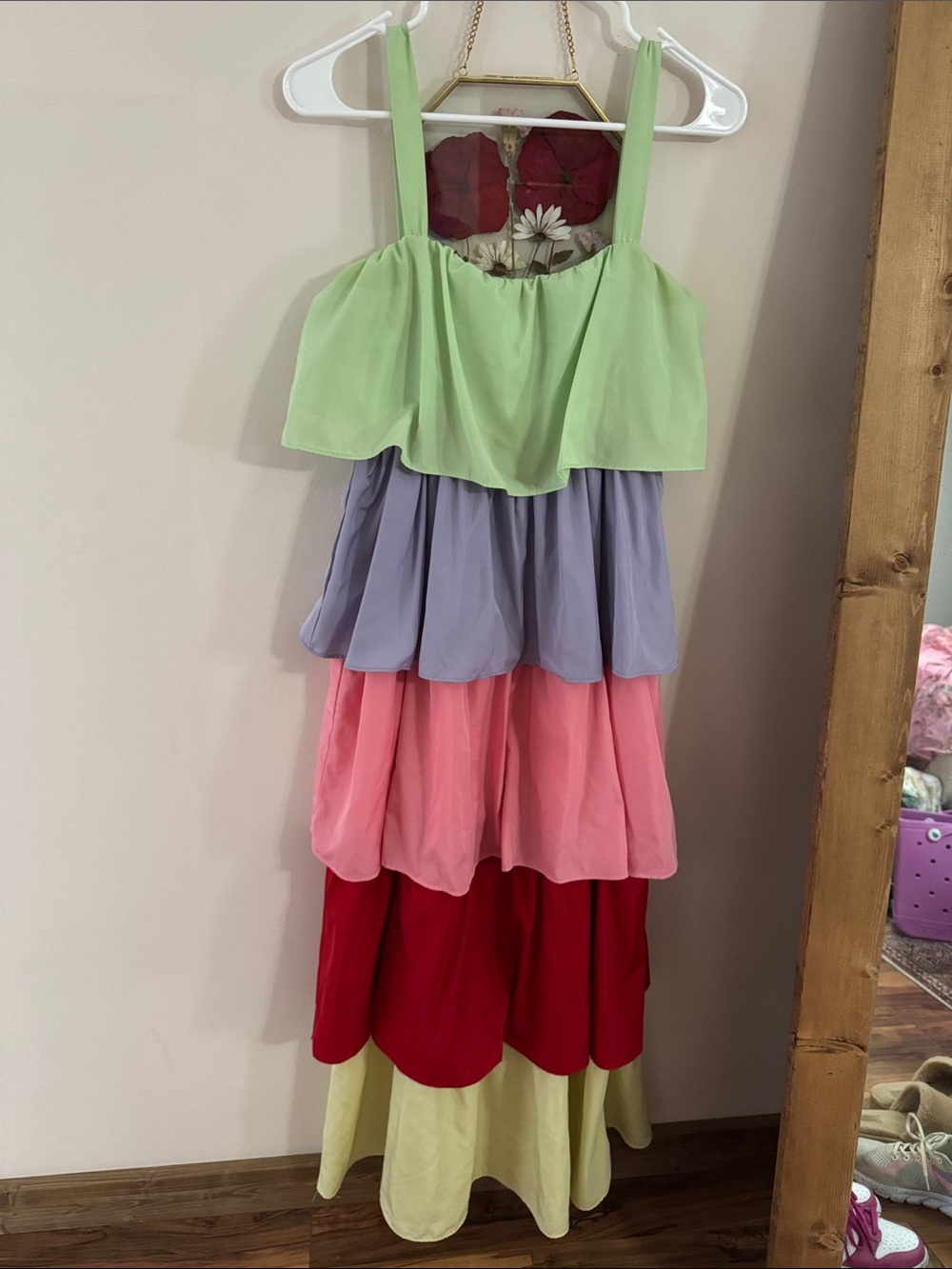 Colorblock Tiered Ruffle Maxi Dress in Lime, Lavender, Pink & Red
